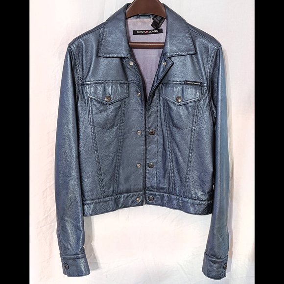 DKNY JEANS Size L *Metallic* Blue Gray L/S LEATHER Jacket, Lined & Denim-Style - Picture 2 of 5